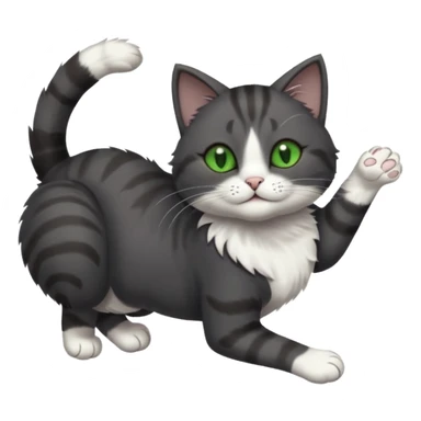 solid dark grey cat with green eyes, white toes/paws and white patch on her chest playfully rolling upside down sticker