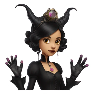 standing flirty Lavish black evening gown with see-through gloves, Jenna Ortega as Addams woman wearing a steampunk mini tiara, very large blood moon pink evil-looking horned old dragon sticker