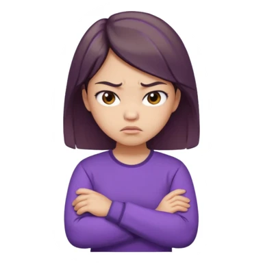 Angry Pouty girl with small asian eyes folding arms in a purple longsleeve shirt she has fair skin and medium length brown hair with highlights sticker