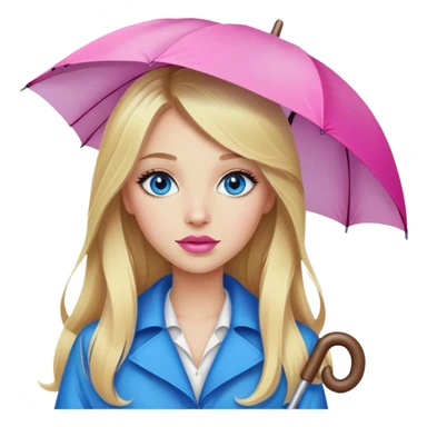 A beautiful blonde girl with long hair, blue eyes, pink lips, walks under an umbrella sticker
