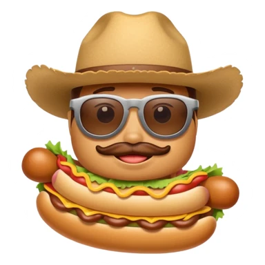 A hotdog with sunglasses and a cowboy hat sticker
