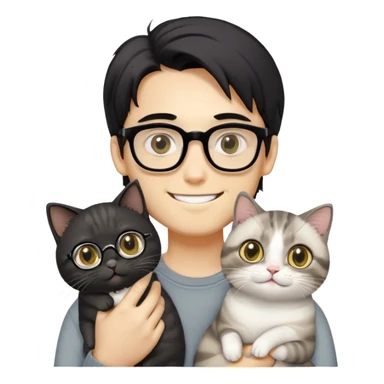 Young man with warm yellow-toned skin, long face, black back-length hair, large eyes, thin-rimmed square glasses, smiling gently while holding a grayish-white Munchkin cat with short legs and a gray patch under its mouth sticker