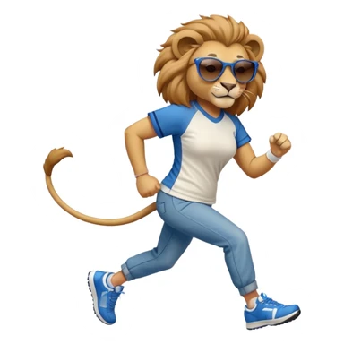 friendly anthropomorphised female lion wearing a baseball shirt, jeans, trainers, dark sunglasses, jogging upright, looking dominant and confident sticker