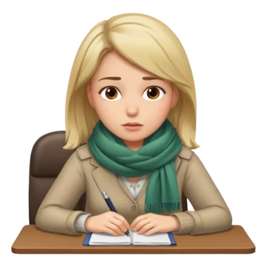 Person sitting at desk, looking tired, winter outside, woman  sticker