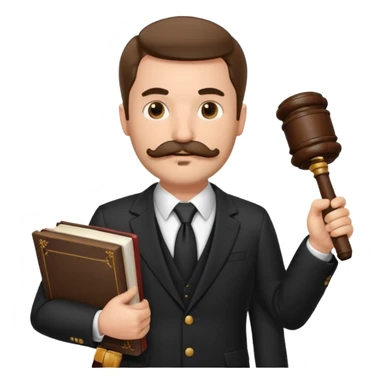 Create a male lawyer. he is wearing a fromal suit jckeret. He is holding a gavel in one hand and a book tucked under his another arm. He has a mustache and BEARD both! sticker