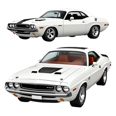 Structurally accurate white 1971 Dodge Challenger from Death Proof, perfect three-quarter perspective at 30 degrees, consistent proportions, detailed front end and side profile, all white, iOS emoji style sticker