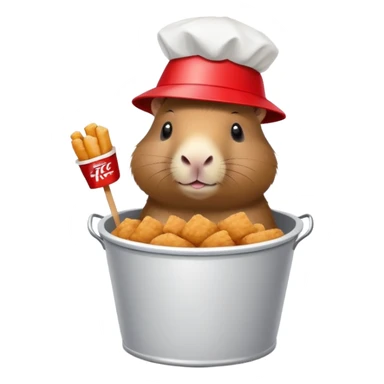 Capybara wearing a tiny KFC bucket as a hat on its head sticker