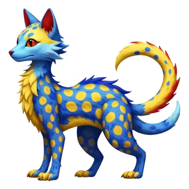 red blue and yellow spotted silly fantasy feline-vernid-sergal-fursona animal creature with a tufted tail full body with intricate markings  sticker