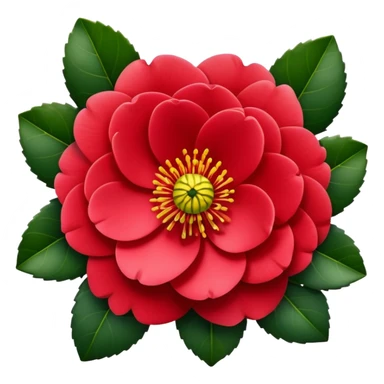 Classic camellia flower with perfectly arranged overlapping red petals, distinctive yellow stamens in center, and serrated glossy dark green leaves sticker