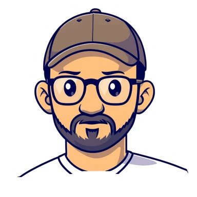 adventurer with goatee beard (no beard on cheeks), short hair, glasses and backwards baseball cap sticker