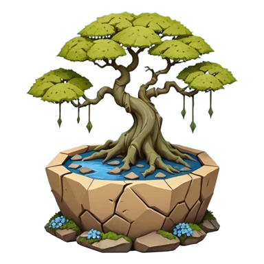 Bare Alien landscape mudman very old broken cracked intricate Stone Age rocky-crusted irregular dodecagon-shaped shallow dark moss rough bark blue weeping willow flowered maple tree bonsai pot sticker