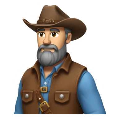 a rugged cowboy with a thick beard, wearing a blue vest over a classic western shirt and a brown belt with a silver buckle. He should have a confident stance, exuding a strong and adventurous frontier spirit. sticker