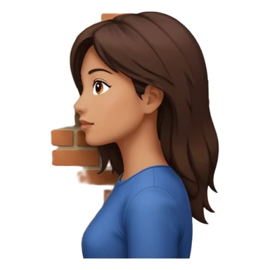 woman side profile standing next to a brick wall of which she is both just behind and just outside of, looking past the edge of the brick wall into the empty space sticker