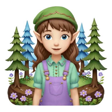 Kind happy whimsical quirky Girl toymaker, wood carving elf. Woodland nature creator. Blue eyes. brown hair (short just-below chin length) wavy hair & bangs. Whimsical playful cute. Overalls with nature embroidered cute shirt collar. Light green, light purple and light blue colour aesthetic  sticker