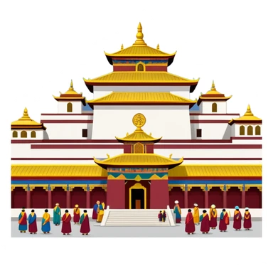 Lhasa Jokhang Temple Tibet with pilgrims, simplified emoji style with bold outlines and bright colors, cartoon style golden roof temple sticker