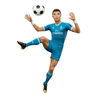 Ronaldo doing a bicycle kick with football in mid air While wearing a Retro blue Real madrid kit and yes i want it to be exactly the same as he Scored it in 2018 vs Juventus and please make it Realistic  sticker