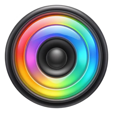 A speaker emoji 🔊 with a smooth CD-like surface that reflects rainbow iridescent colors, glowing RGB light ring around the edge, shiny plastic body, prismatic reflections shifting across the front, soft sparkles and light gleams, holographic sheen, clean simple shape, bright colorful highlights sticker