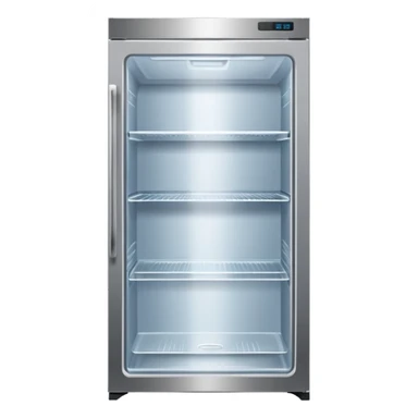 A refrigerator with a transparent front glass divided into three compartments, empty and unoccupied. The refrigerator faces forward. sticker