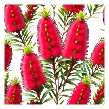 Cinematic Realistic Callistemon Emoji, Vibrant and striking, with spiky red flowers resembling a bottlebrush. The slender leaves create a fine backdrop to the bold blooms, while the plant exudes energy and vitality. Soft glowing outline, capturing the essence of strength, color, and natural beauty in a brilliant callistemon tree! sticker