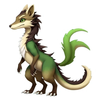 Brown and beige badass elegant wild beautiful natural cute badass epic exotic anthro modern furry 2-legged sergal-vernid-creature, full body, dark-brown-black-gradient pretty hair, with a long tufted tail, green eyes, aesthetic, art by LiLaiRa, art by art by Falvie sticker