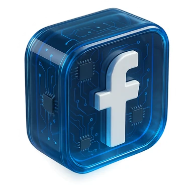 Glossy circuit-themed Facebook icon with blue glowing accents, transparent background sticker