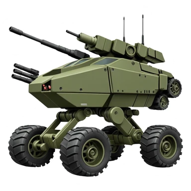 a roomy 4-wheel armored personnel stealth camouflage army massive mech trail vehicle shooting forward side-hill leaning actively articulating independent suspended pod gimbal enemy mech off-road racing rover with large fast engine RC basher megatron  sticker