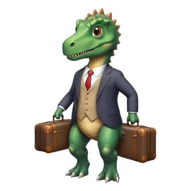 office Dinosaur in a suit, a huge luggage full of papers, trip sticker
