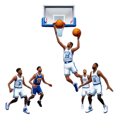 An icon showing a basketball court with players in action, inspired by NBA 2K25. A player jumps for a dunk, the ball mid-air, with the court’s floor and surrounding basketball arena visible. Bright lights highlight the excitement of the game. Transparent background. sticker