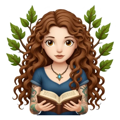 woman with long curly brown hair, brown eyes, white skin, tattoos, reading a spellbook that grows roots instead of pages sticker