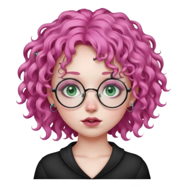 . Gothic girl with pink curly hair, round glasses, septum piercing, nostril piercing, almond eyes, blueish green eyes, sticker