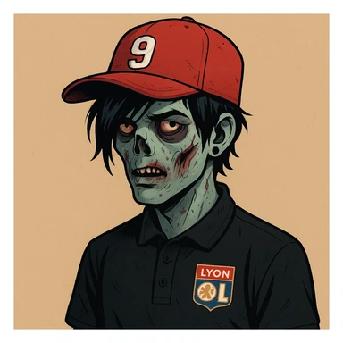 zombie boy with black emo hair and piercing, wearing a black polo shirt with a Lyon logo, red cap with a '9' on it, modern illustrated style sticker