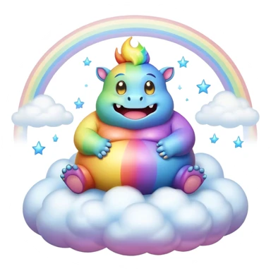 3D, Kawaii derpy fat rainbow monster sitting on a magic rainbow hued cloud, rich textures, visually detailed, so lifelike that it feels like it could leap off the page at any moment sticker
