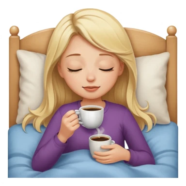 Blonde girl who closes her eyes and smells coffee while drinking coffee in her bed sticker