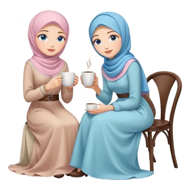 Turkish beautiful finish Konya girls blue eyes with pastel hijab long tail dress and the two friends sits on the chair on the ground and holds cup coffe with her hand  sticker