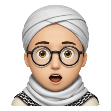 A person with light skin tone, wearing a traditional white keffiyeh with a black agal, large brown eyes, round glasses, and an open mouth showing a surprised or shocked expression. sticker