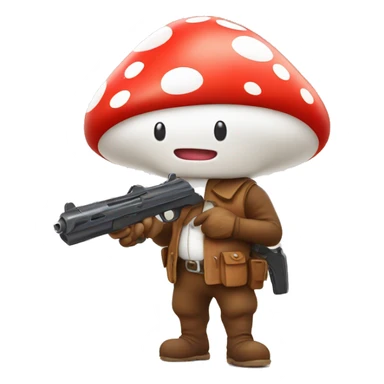 cute mushroom person holding gun and he’s really small and red and white spots with a cute smiley face  sticker
