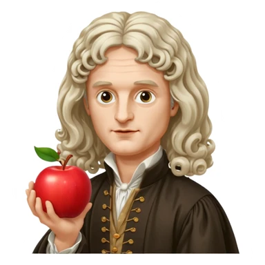 Isaac Newton wearing 17th-century aristocratic attire with long curled periwig, hold an apple sticker