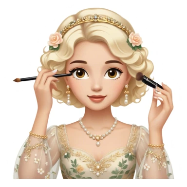  Middle Eastern-inspired moment of a woman getting ready in front of a mirror. She wears a delicate floral dress with sheer, flowy sleeves, accessorized with gold jewelry and traditional pearl-adorned hair clips. Her  as she applies mascara, her reflection revealing a soft smile.  sticker