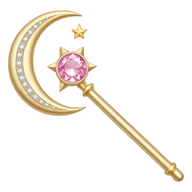 Sailor Moon's Crescent Moon Stick, a pink wand with a gold crescent moon on top and a circular silver gem in the center sticker
