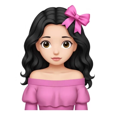 Girl with black wavy little long hair and a ribbon hair clip beside it make it look like wearing a pink off shoulder sweater  sticker