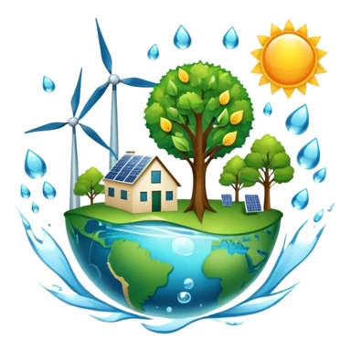 An icon featuring a green Earth, a tree, recycling symbols, and renewable energy sources like wind turbines, solar panels, and hydropower. The design includes animals, water droplets, and the sun, representing ecology, sustainable energy, and environmental protection. Transparent background. sticker