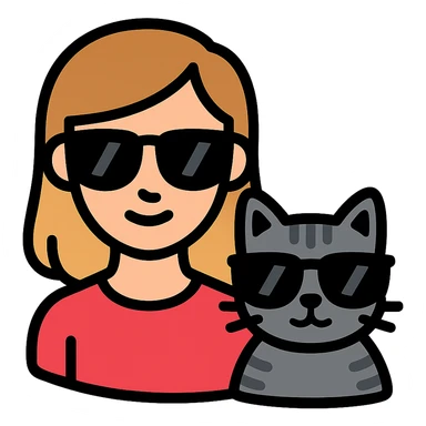 a white woman with light brown ombre hair and a grey tabby cat, both wearing black sunglasses and looking cool, in a modern flat icon style sticker
