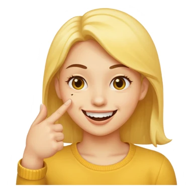 Make it a emoji yellow face (no gender) juste à face like that 😊 with a finger like that 👈 it it’s mouth like the emoji is biting it in a fliry way sticker