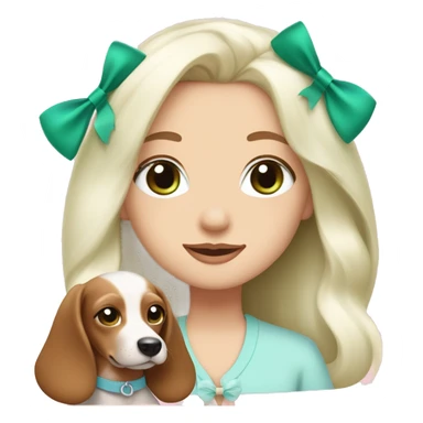 pale blonde girl with long platinum white hair with bright green blue eyes and wearing a light pink hair bow holding a brown and white haired wiener dog puppy also wearing a hair bow sticker