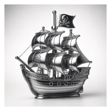 chrome style illustration of a pirate ship with a flag featuring an emblem inspired by a skull and crossed bones, highly reflective chrome surfaces, dramatic lighting, bold adventurous mood sticker