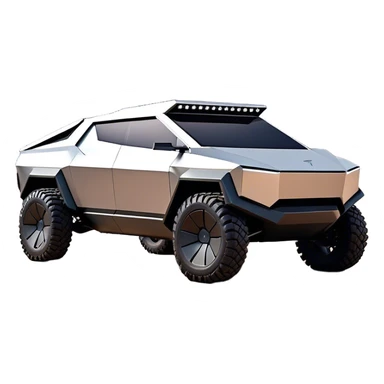 Tesla Cybertruck - A futuristic Tesla Cybertruck, angular and geometric with a sharp, triangular body shape. Stainless steel exoskeleton with a raw, unpainted, brushed-metal finish. A sleek, narrow LED light bar stretches across the entire front. Large, rugged off-road tires with exposed wheel arches. Smooth, handle-free doors and a slanted, armored rear with a retractable tonneau cover. Rear LED strip mirroring the front. The vehicle looks like a sci-fi-inspired, bulletproof stealth tank on wheels, set in a high-tech urban environment at sunset, with reflections on its metallic surface. sticker