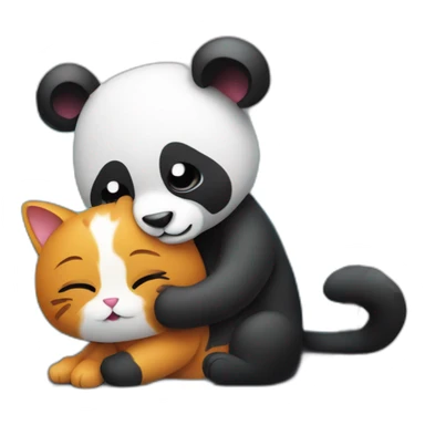 a cat hugs a panda near a laptop sticker