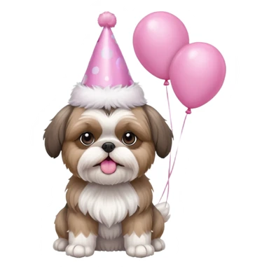 cute shih tzu hold a few pink balloons  with pink birthday hat sticker