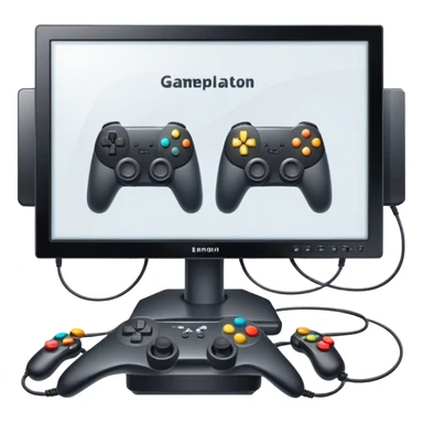 An icon showing two monitors with gaming interfaces, connected by a wire. Each monitor displays a different game screen, with two gamepads placed nearby, symbolizing multiplayer gameplay. transparent background. sticker