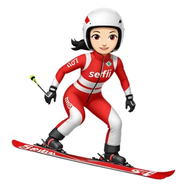 Ski racer downhill squat woman red white dress with the name Steffi on the dress Ski Head lettering black hair smile sticker